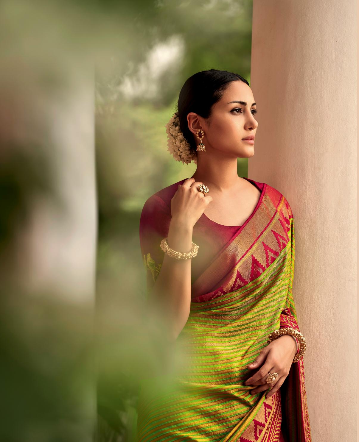 Parrot Green Striped Brasso Silk Saree With Embroidered Blouse