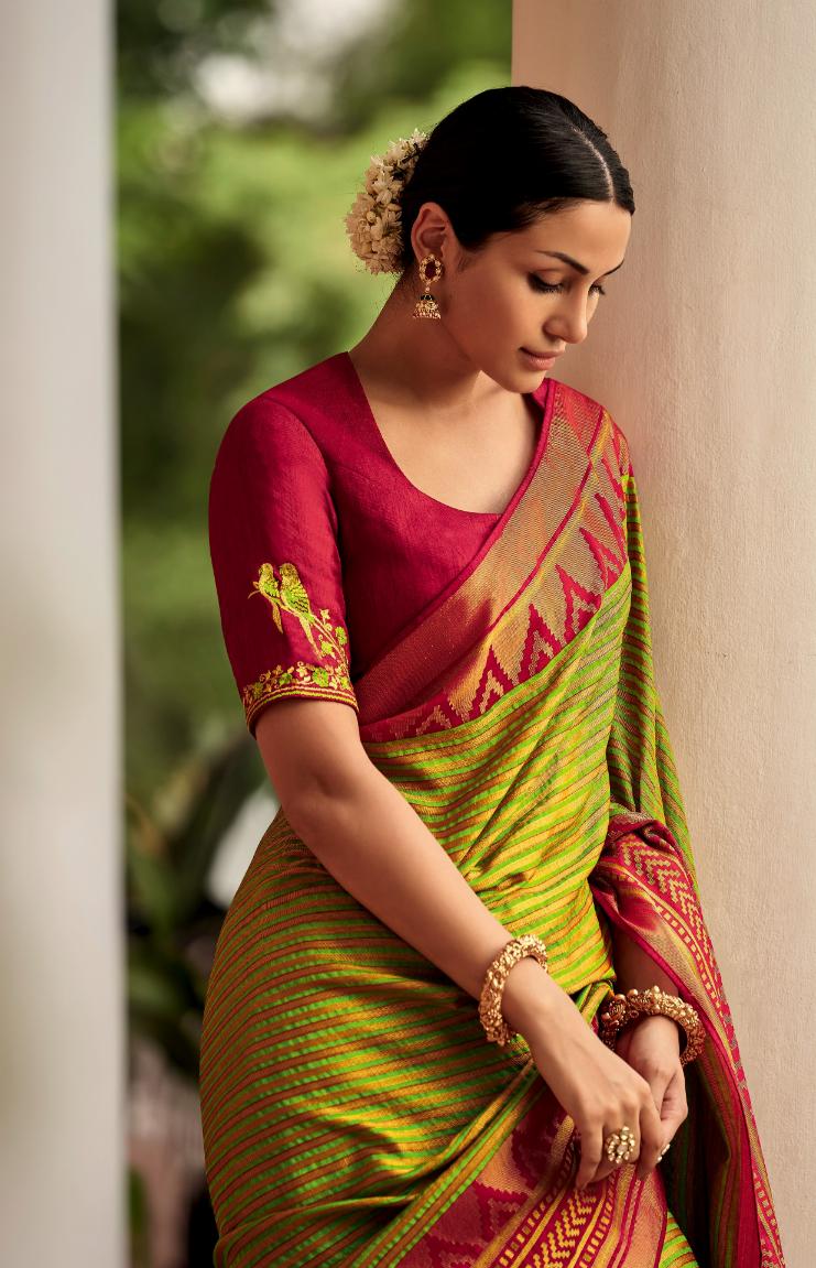 Parrot Green Striped Brasso Silk Saree With Embroidered Blouse