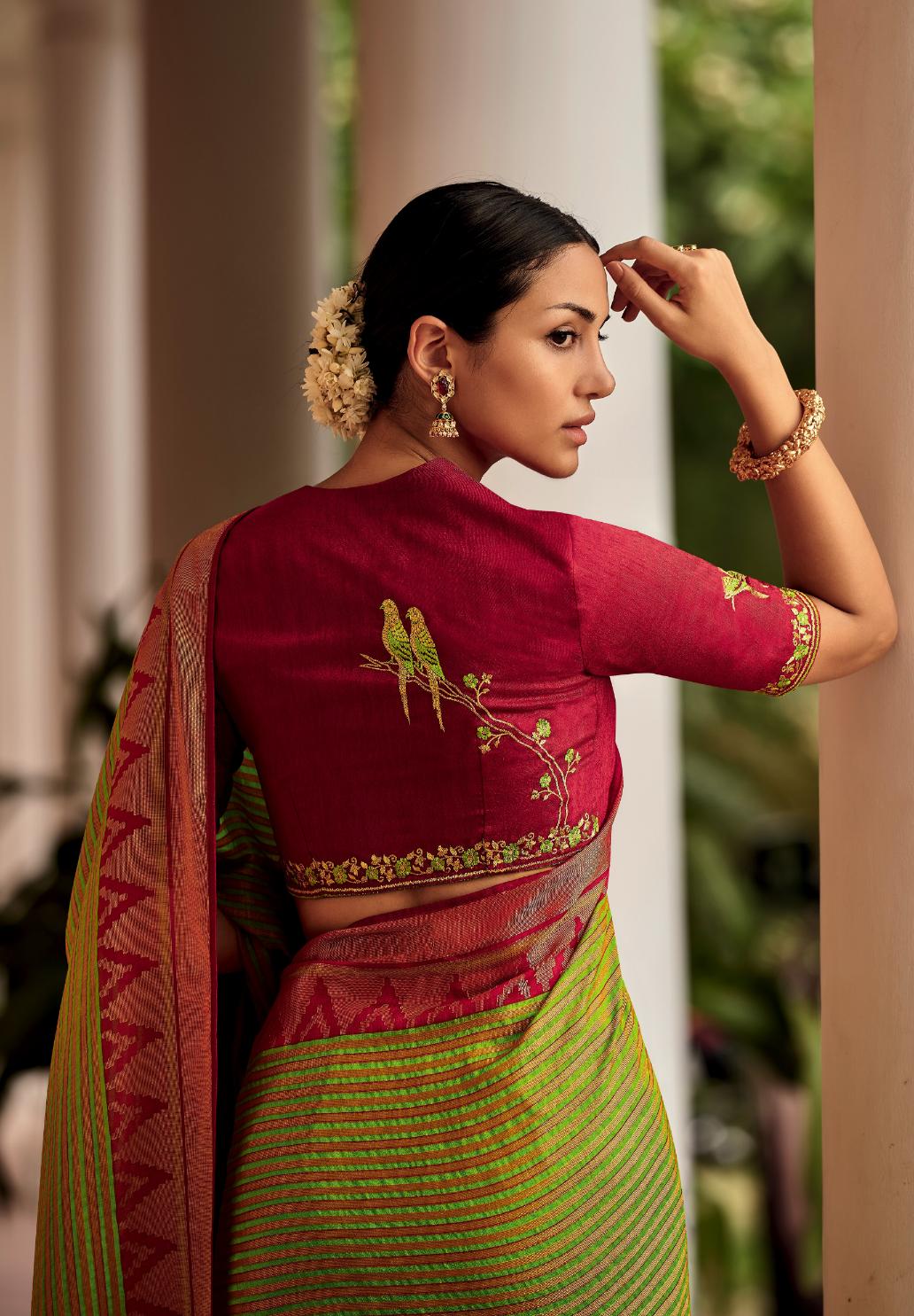 Parrot Green Striped Brasso Silk Saree With Embroidered Blouse