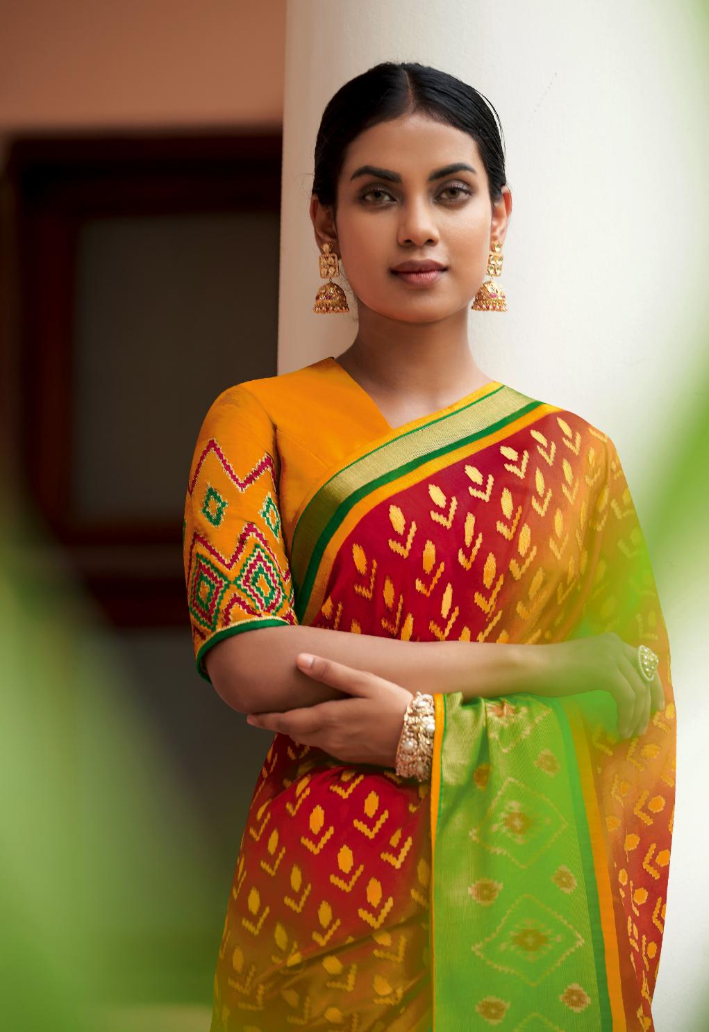 Brick Red Brasso Silk Saree With Embroidered Blouse