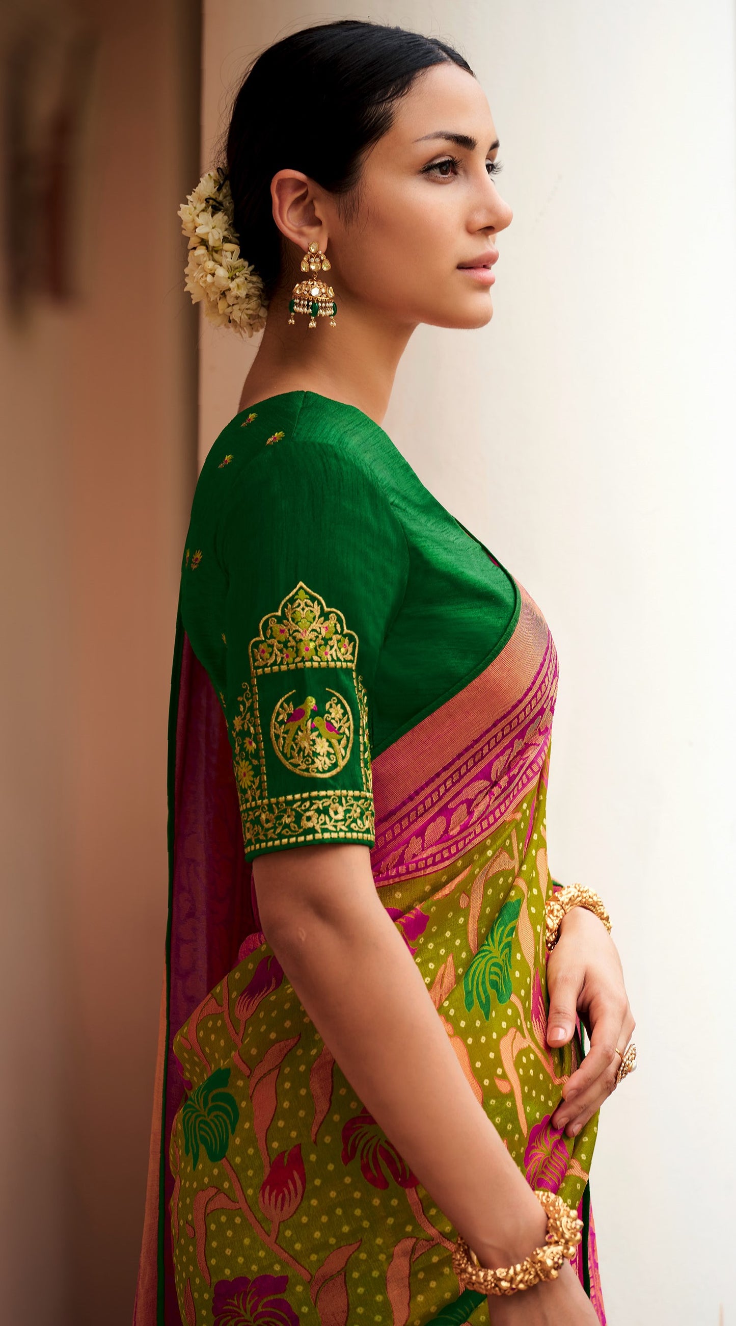 Mehandi Green & Purple Brasso Silk Saree With Embroidered Blouse