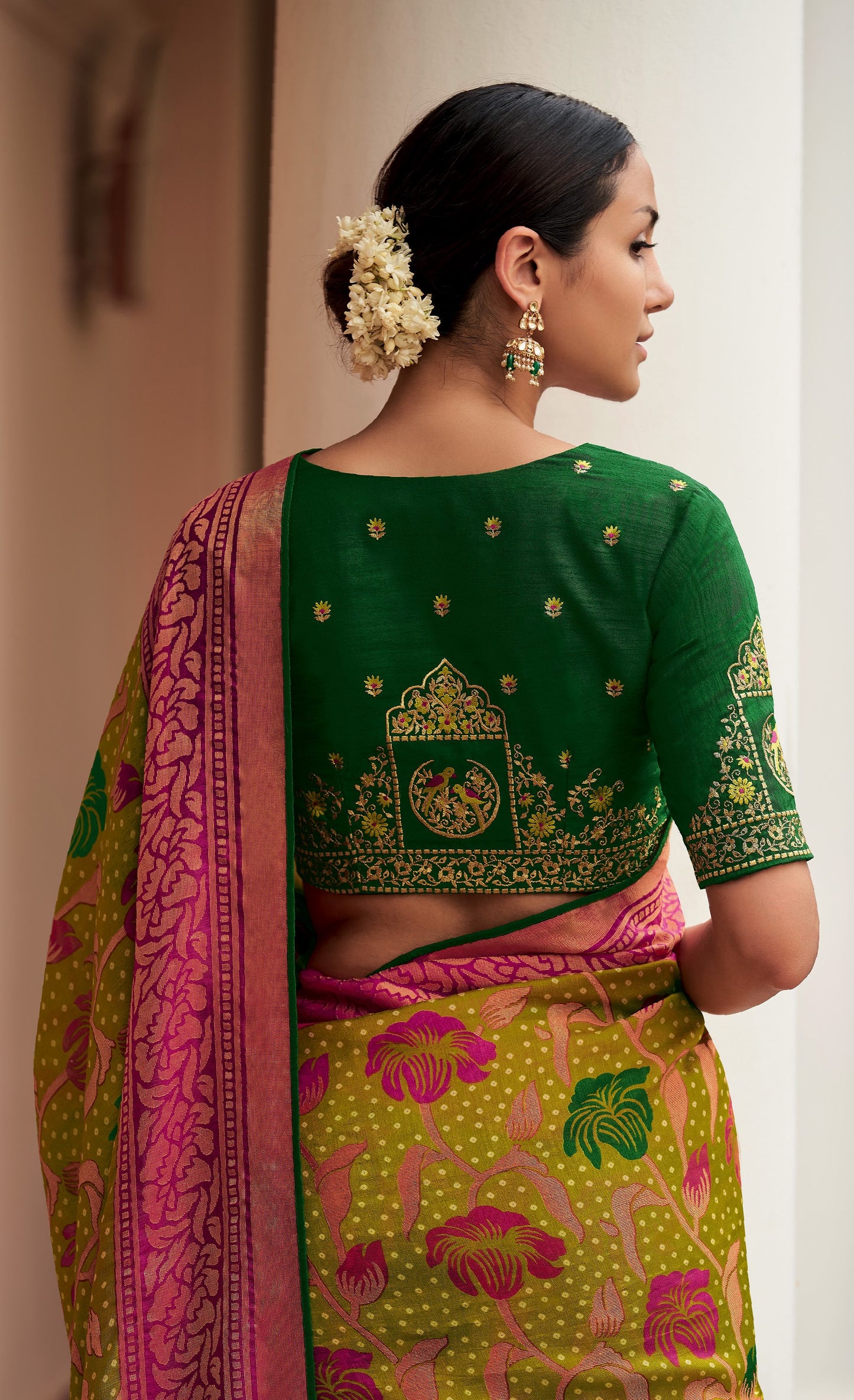 Mehandi Green & Purple Brasso Silk Saree With Embroidered Blouse