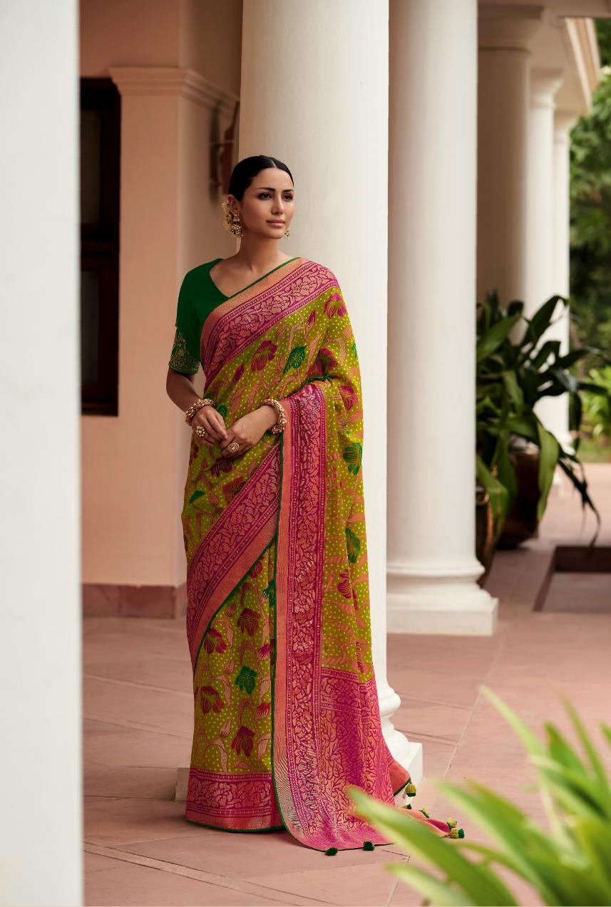 Mehandi Green & Purple Brasso Silk Saree With Embroidered Blouse