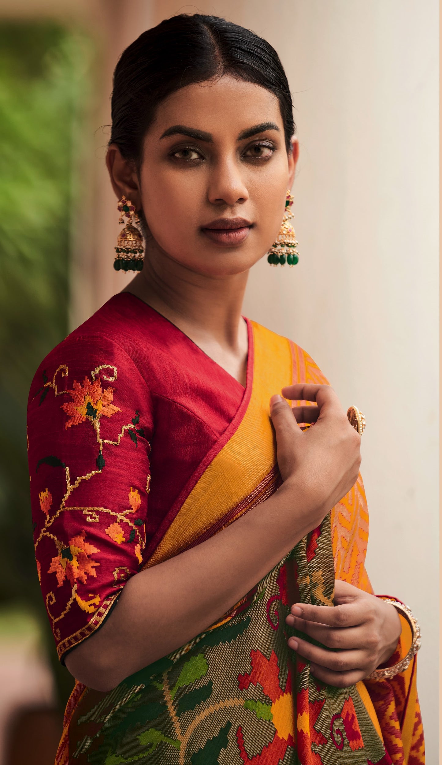 Red & Yellow Brasso Silk Saree With Embroidered Blouse