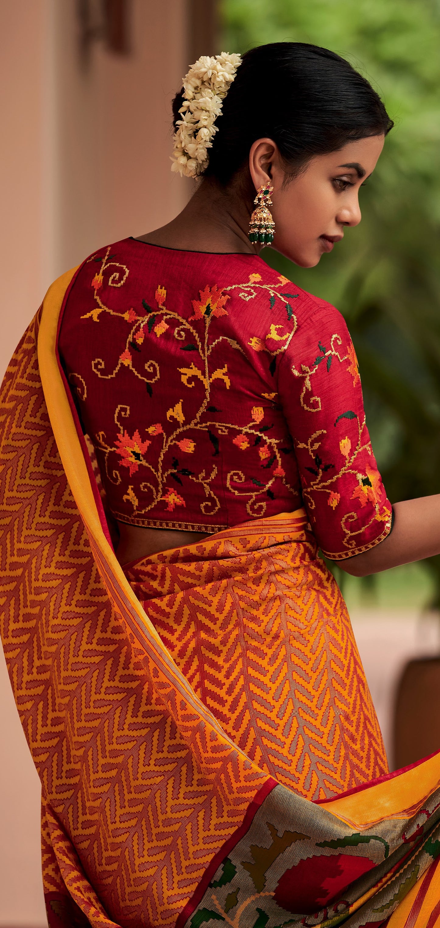 Red & Yellow Brasso Silk Saree With Embroidered Blouse