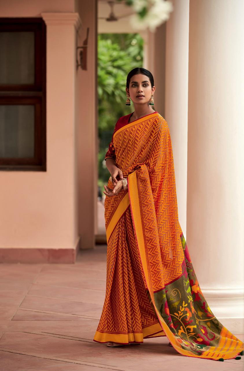 Red & Yellow Brasso Silk Saree With Embroidered Blouse