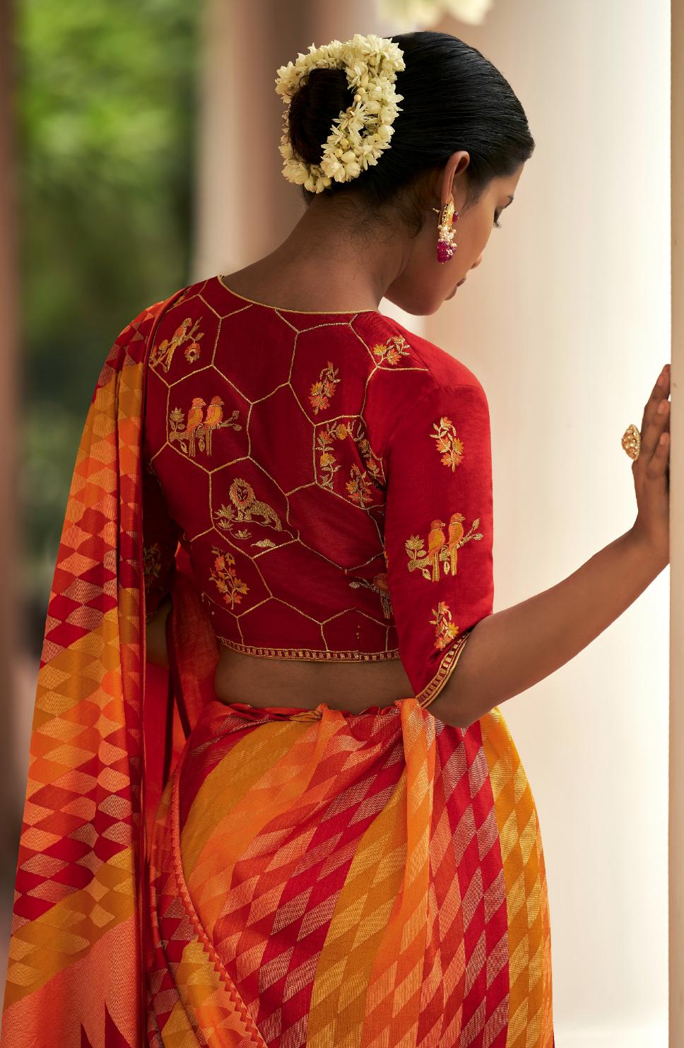 Orange & Red Brasso Silk Saree With Embroidered Blouse