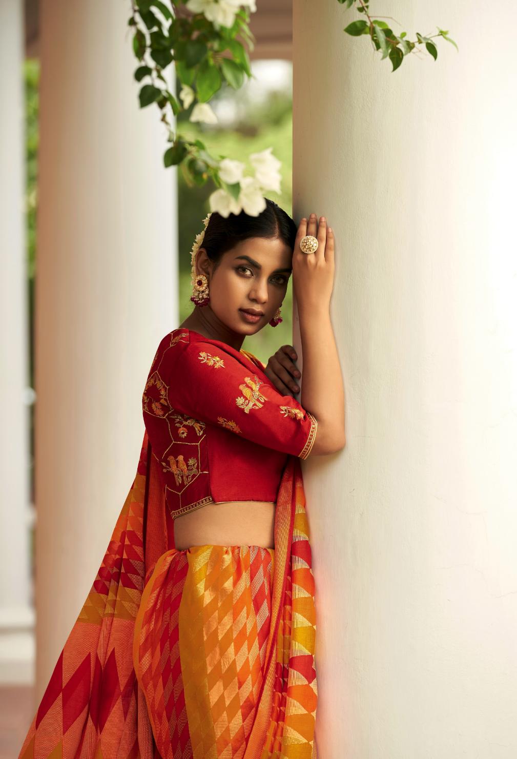 Orange & Red Brasso Silk Saree With Embroidered Blouse