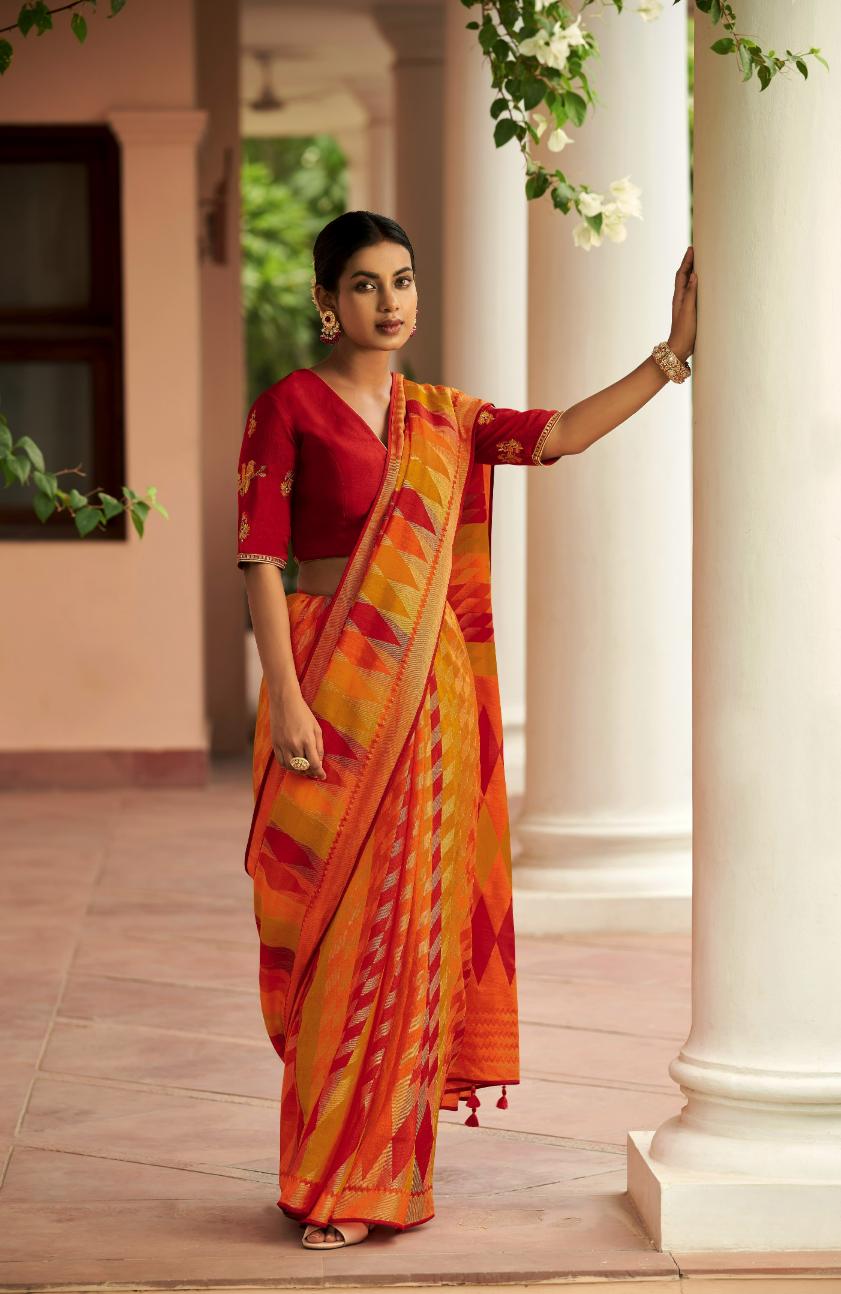 Orange & Red Brasso Silk Saree With Embroidered Blouse