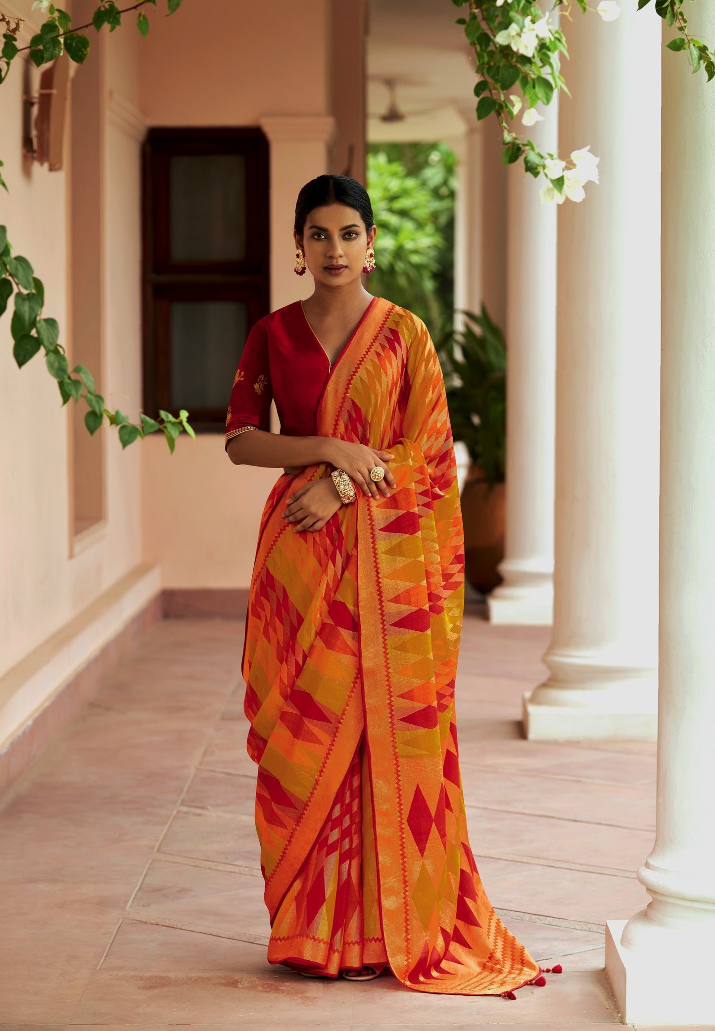 Orange & Red Brasso Silk Saree With Embroidered Blouse