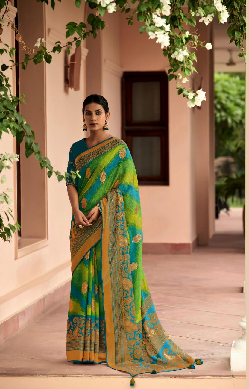 Blue & Green Brasso Silk Saree With Embroidered Blouse