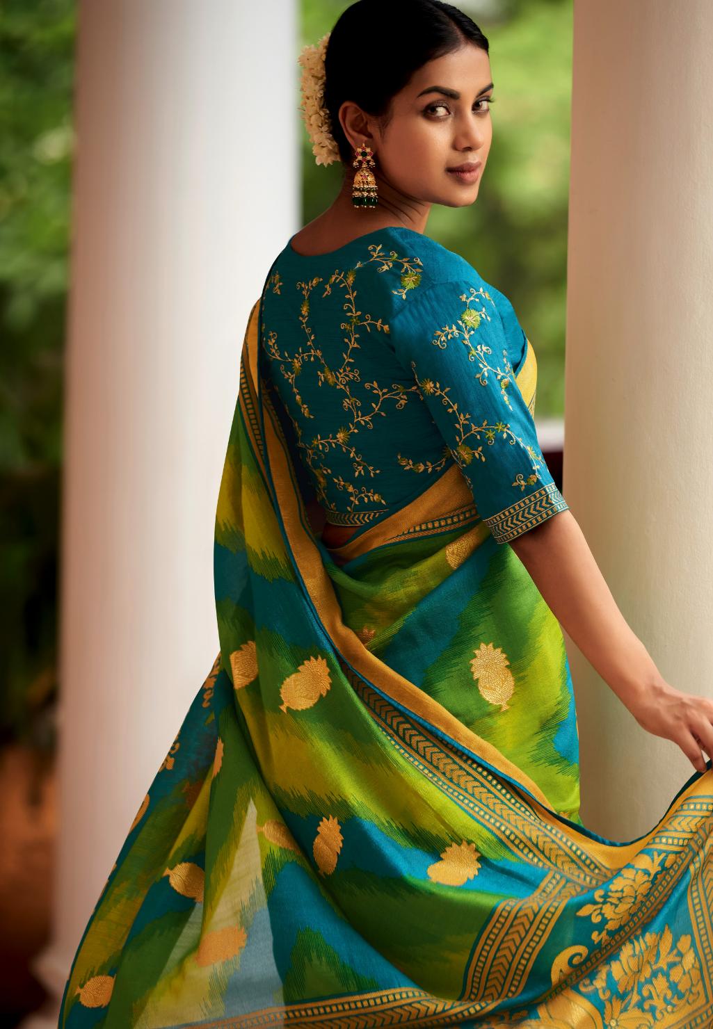 Blue & Green Brasso Silk Saree With Embroidered Blouse