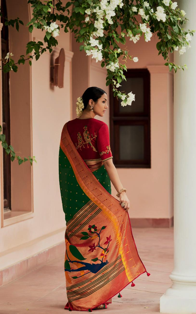 Green & Red Pathani Saree With Embroidered Blouse