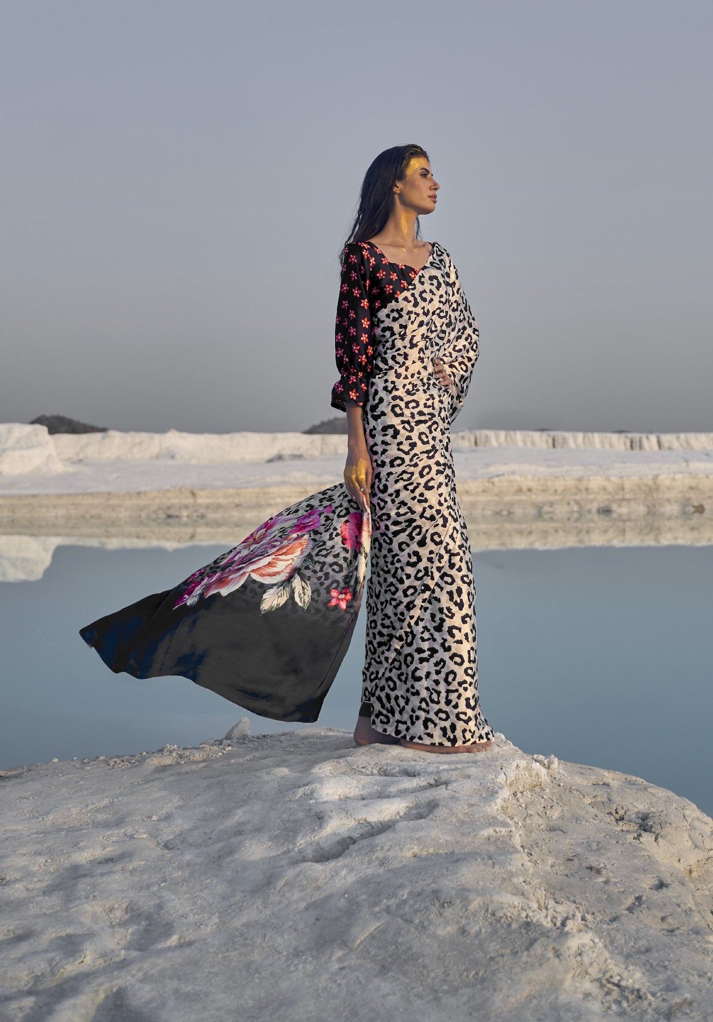 Leopard Print Satin Crepe Silk Saree