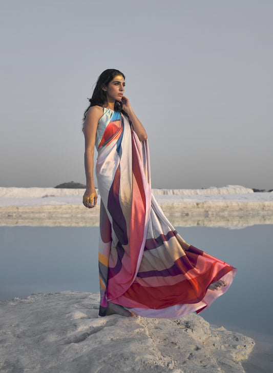 Color Burst Print Satin Crepe Silk Saree