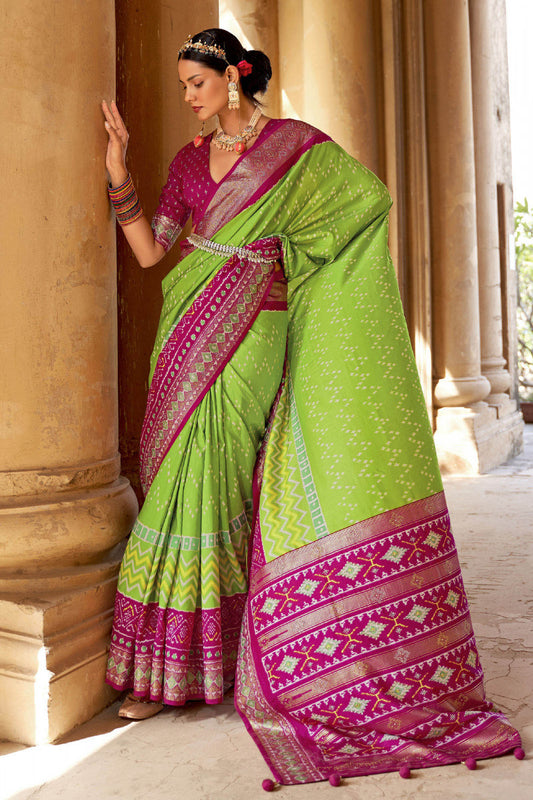 Parrot Green Designer Patola Silk Saree