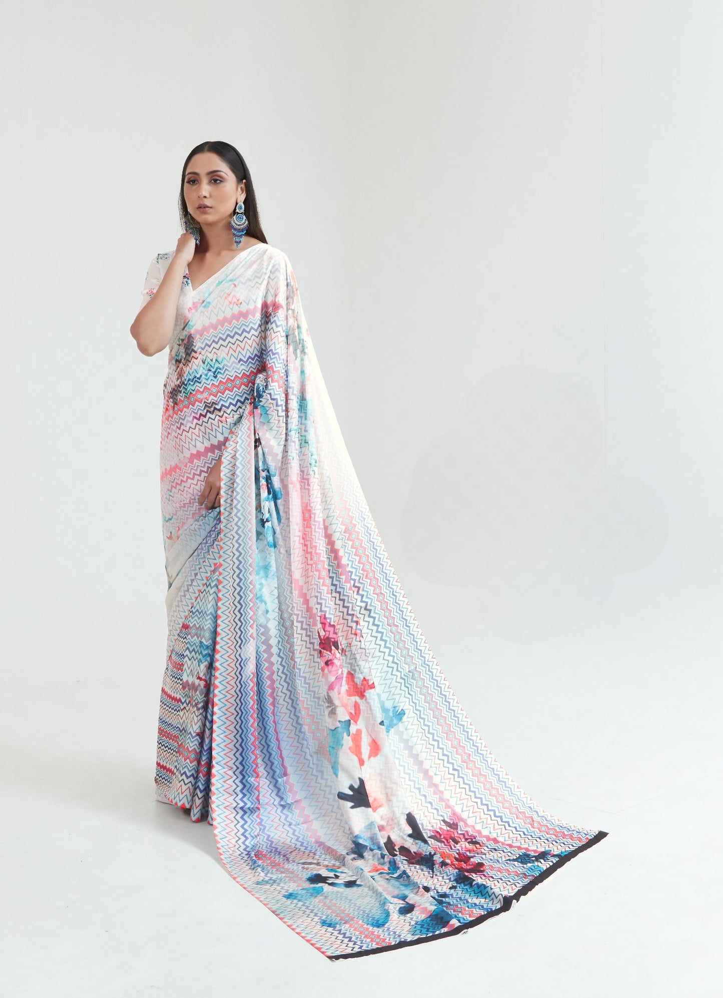 Daisy White Printed Satin Crepe Silk Saree