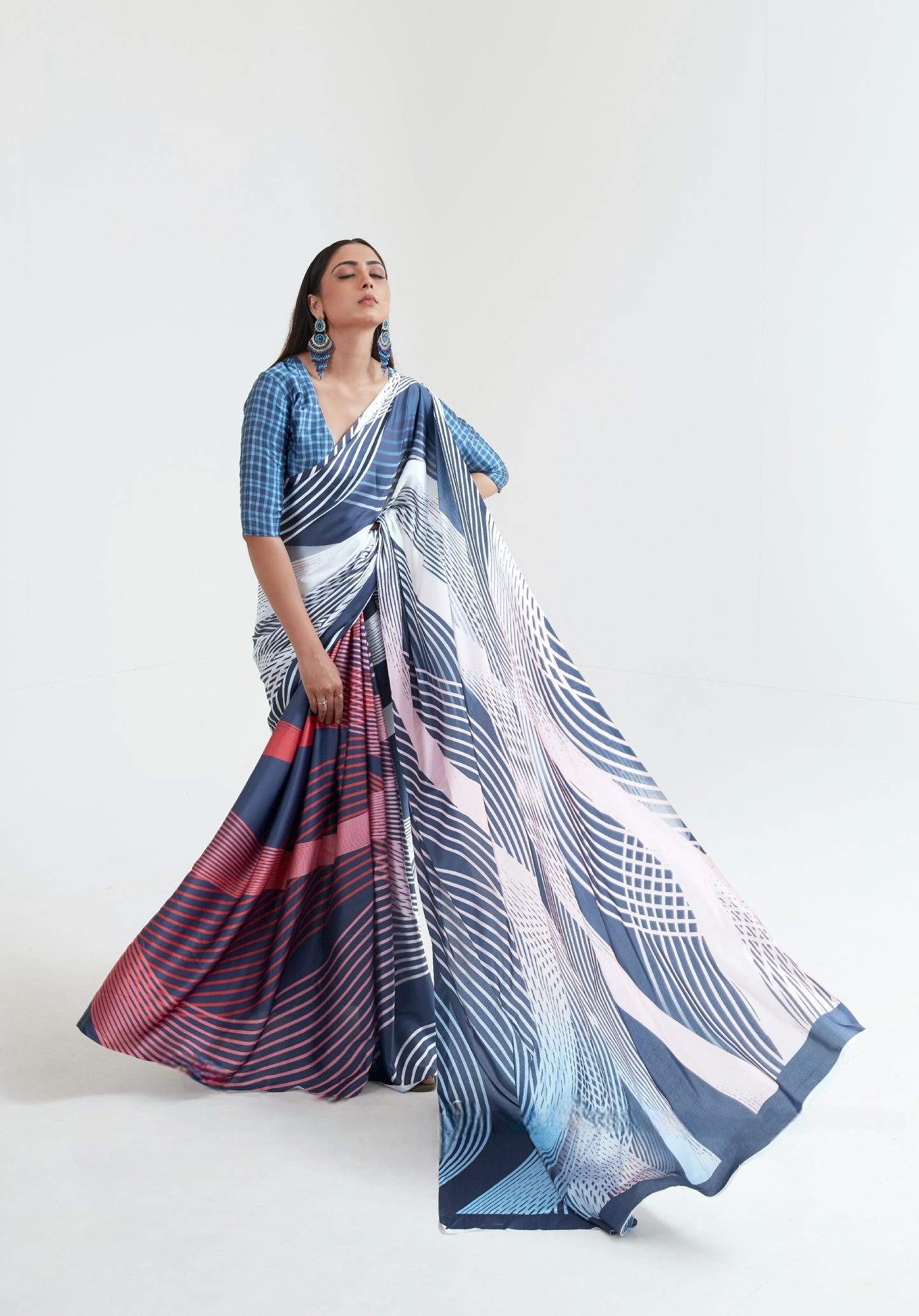 Blue and Red Printed Satin Crepe Silk Saree