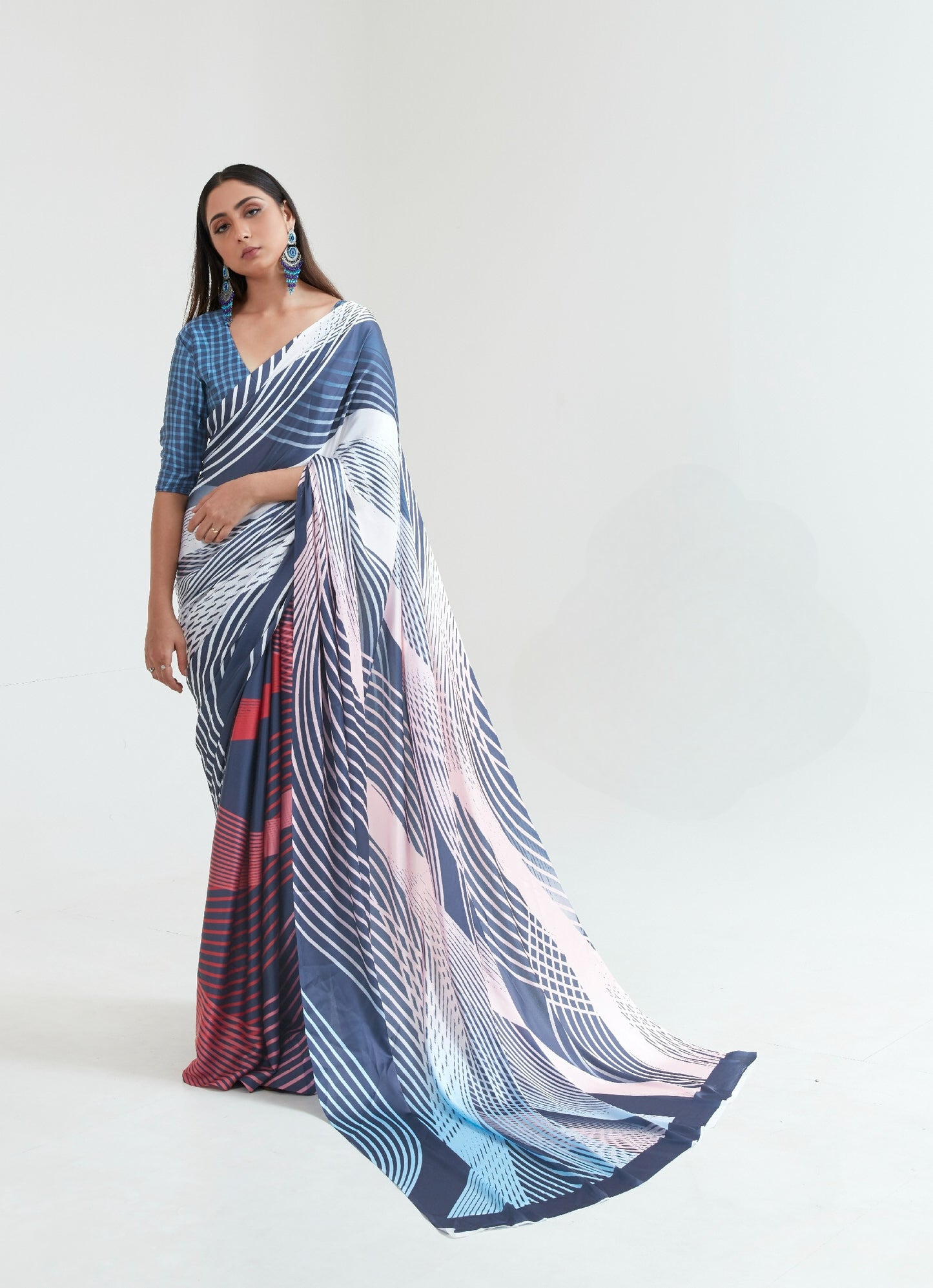 Blue and Red Printed Satin Crepe Silk Saree