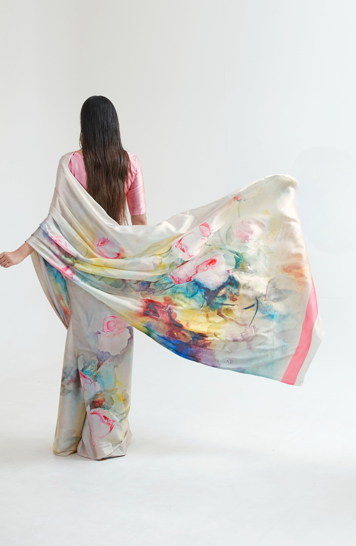 Cloud White Printed Satin Crepe Silk Saree