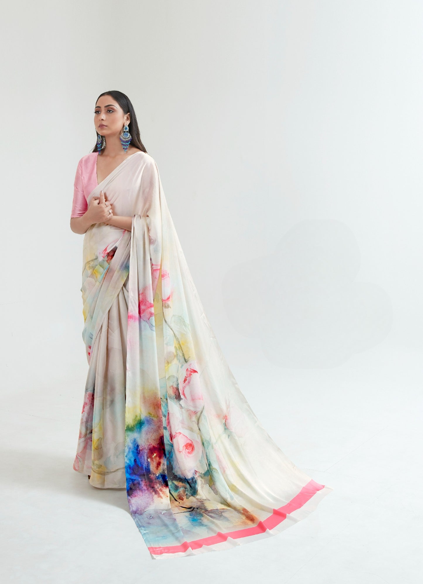 Cloud White Printed Satin Crepe Silk Saree