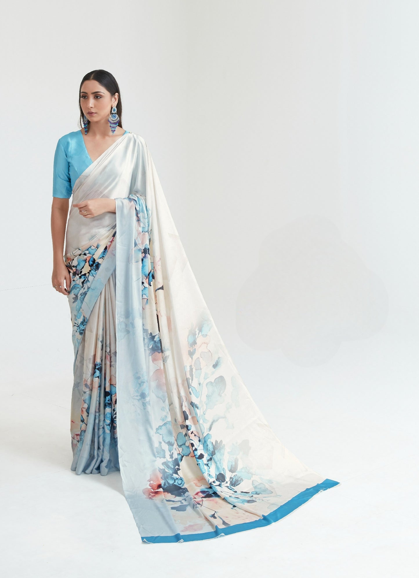 Pearl White Printed Satin Crepe Silk Saree