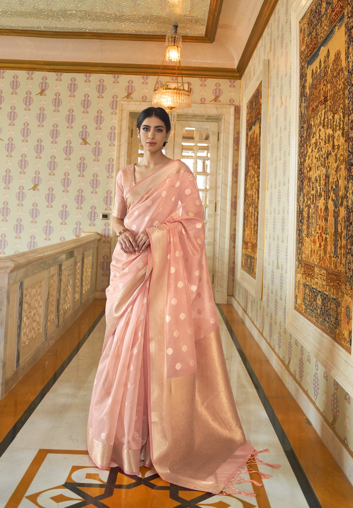 Salmon Peach Zari Woven Linen Saree