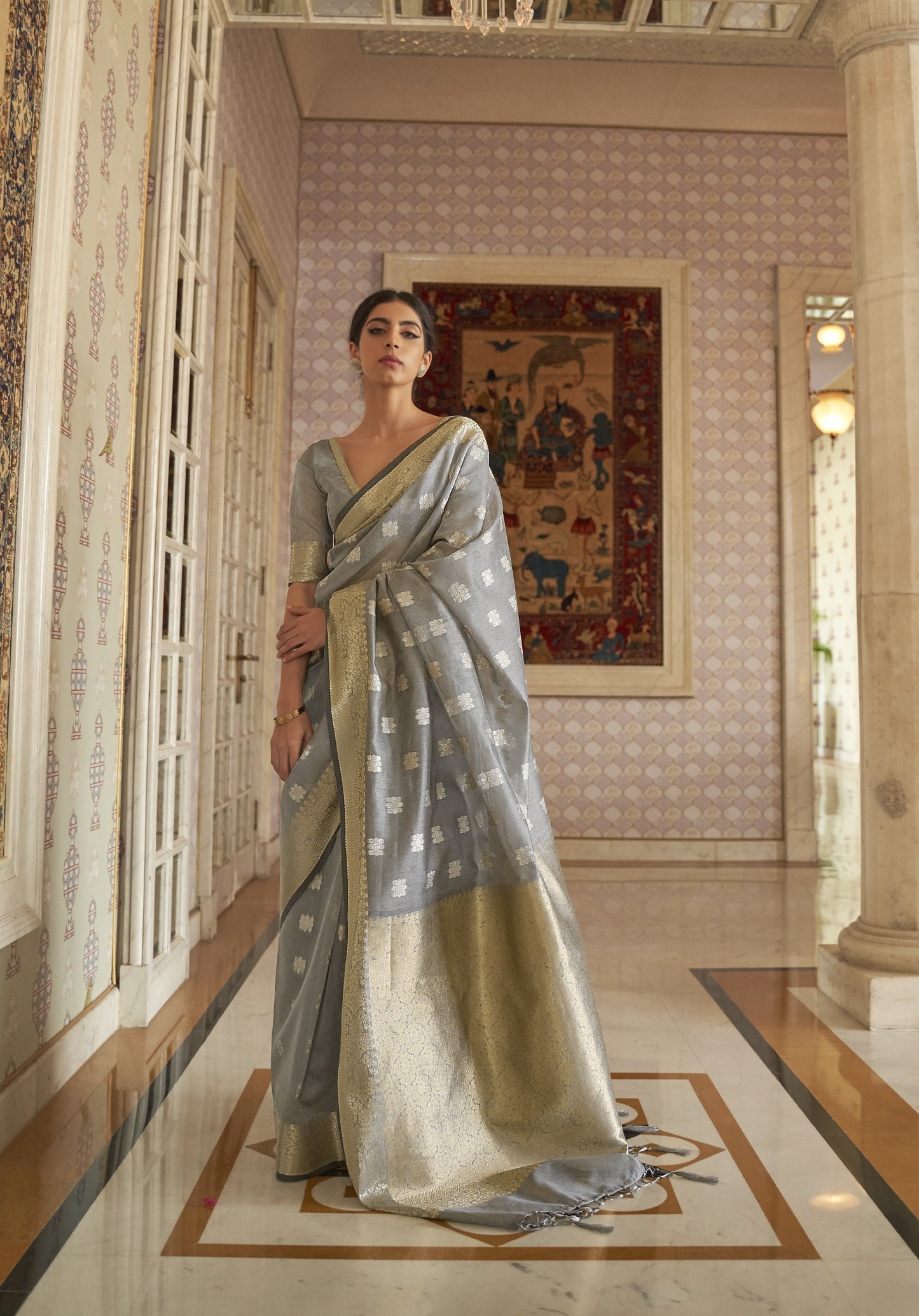 Smog Grey Zari Woven Linen Saree