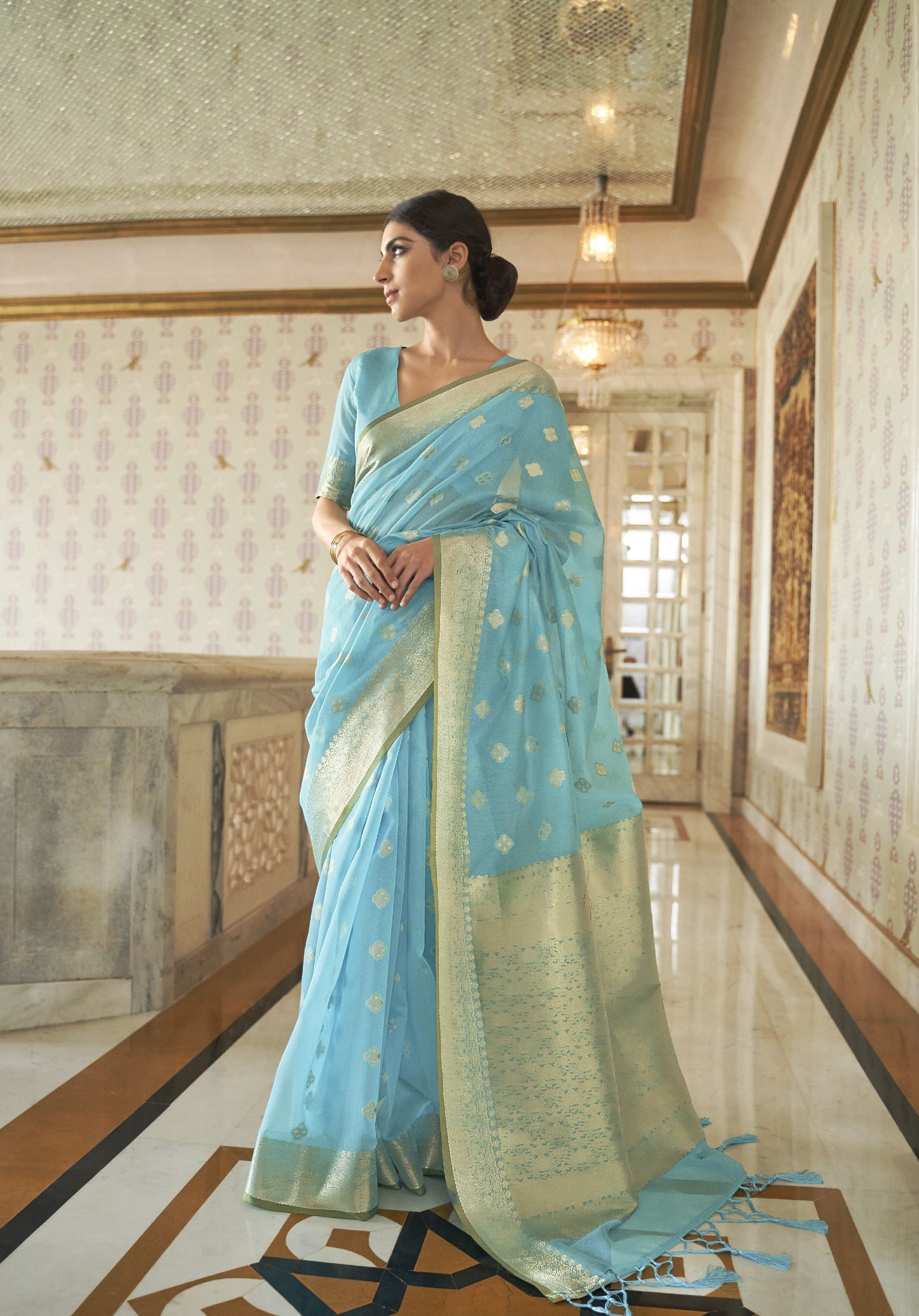 Arctic Blue Zari Woven Linen Saree