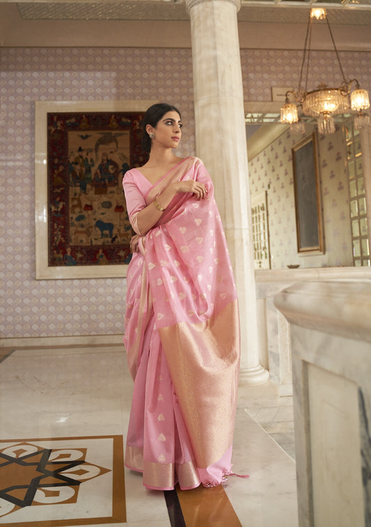 Blush Pink Zari Woven Linen Saree