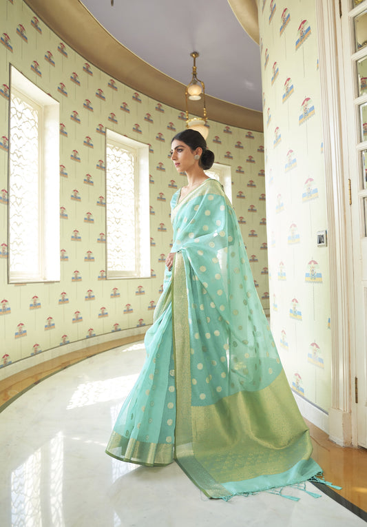 Silvertree Turquoise Zari Woven Linen Saree