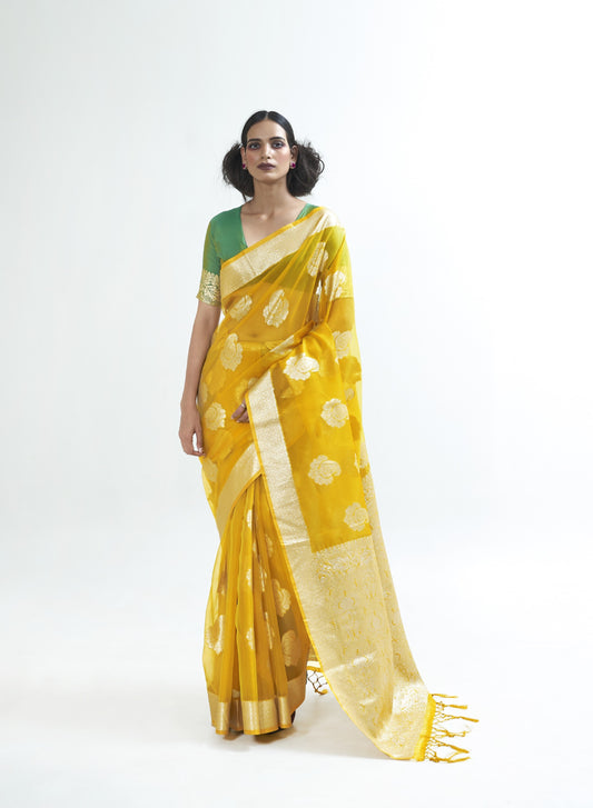 Golden Yellow Organza Silk Saree