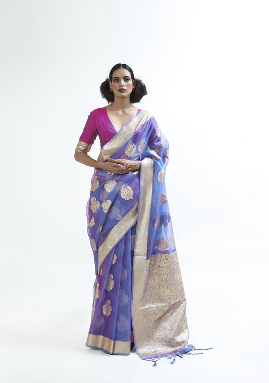 Blue Marguerite Organza Silk Saree