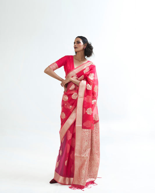 Crimson Red Organza Silk Saree