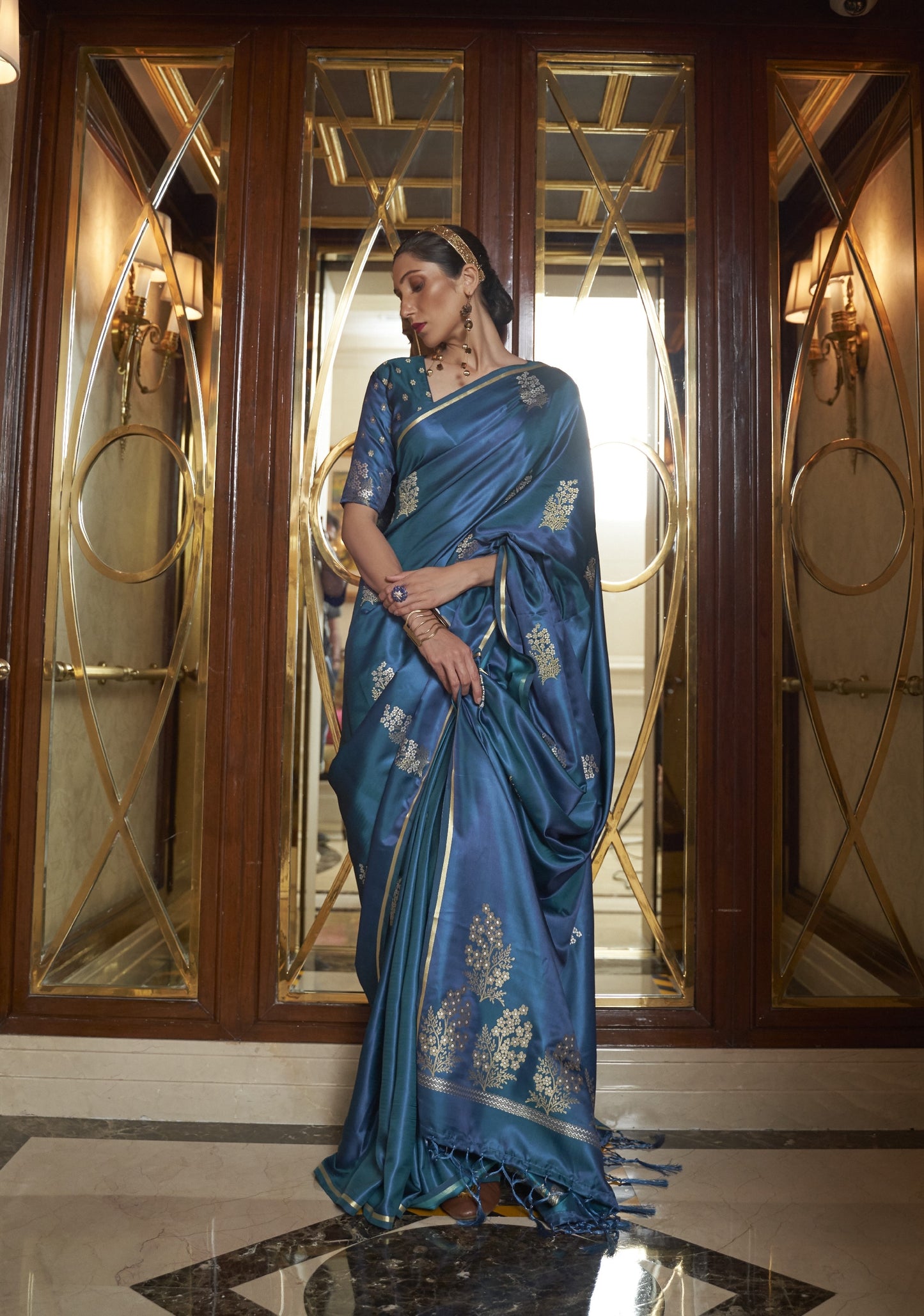 Stone Blue Satin Silk Saree