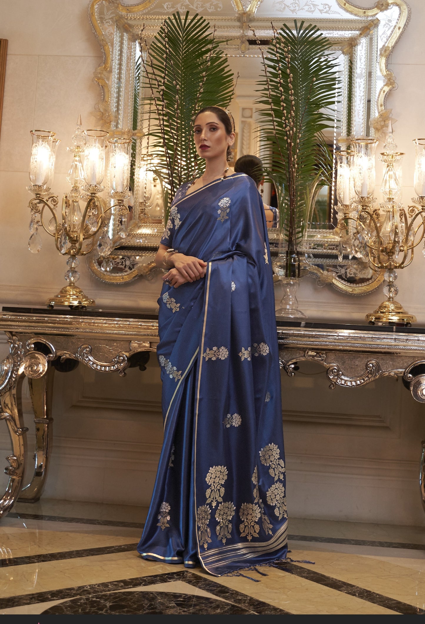 Aegean Blue Satin Silk Saree