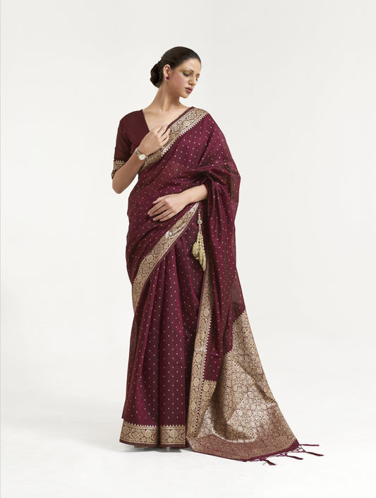 Dark Maroon Banarasi Silk Saree