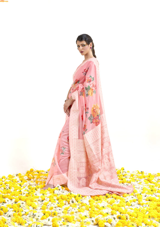 Lemonade Pink Floral Print Lucknowi Chikankari Saree