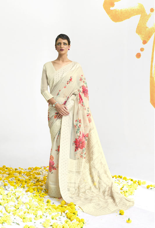 Pearl White Floral Print Lucknowi Chikankari Saree