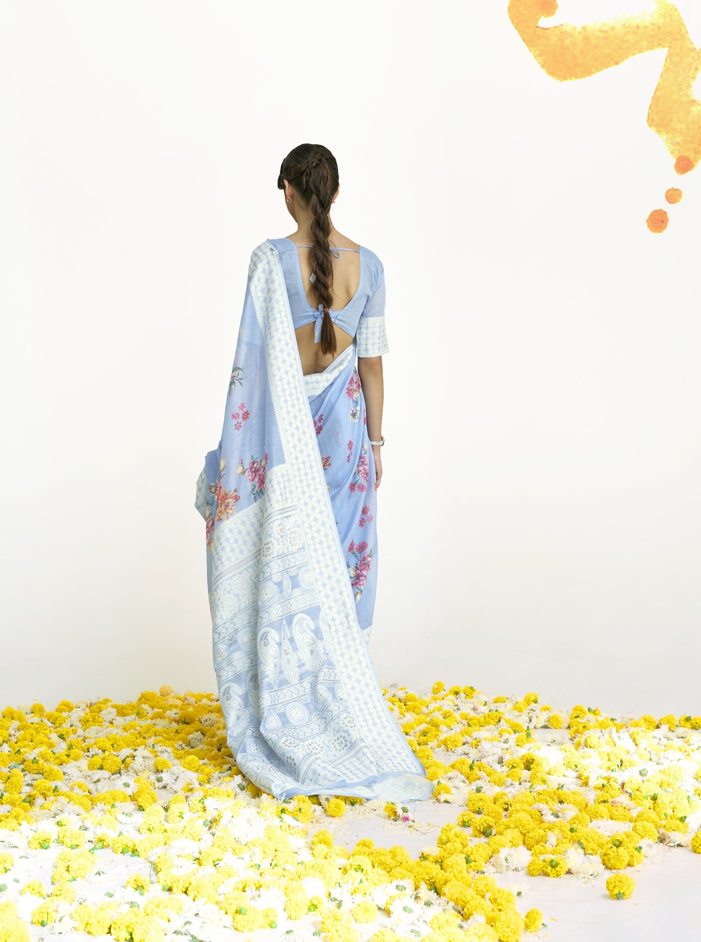 Powder Blue Floral Print Lucknowi Chikankari Saree