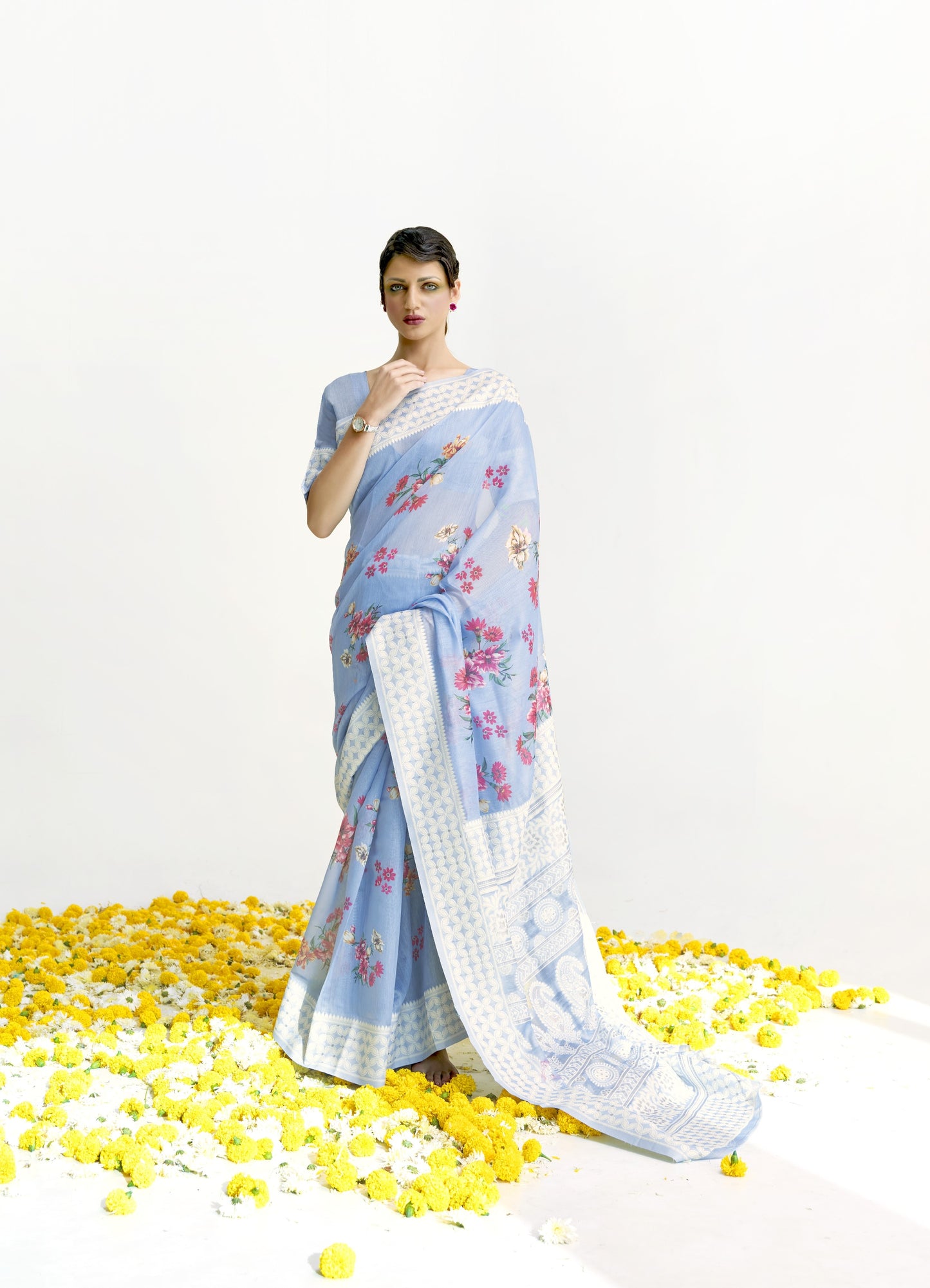 Powder Blue Floral Print Lucknowi Chikankari Saree