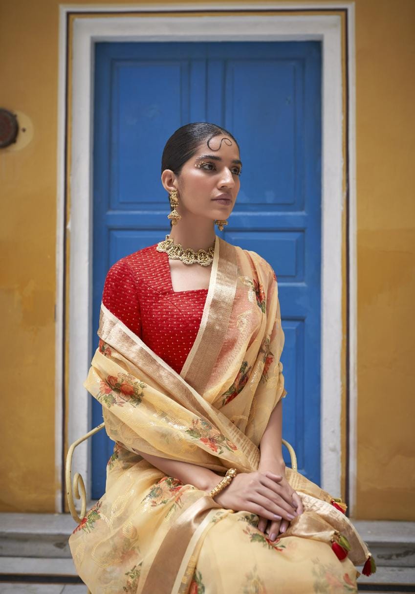 Beige Digital Printed Organza Silk Saree