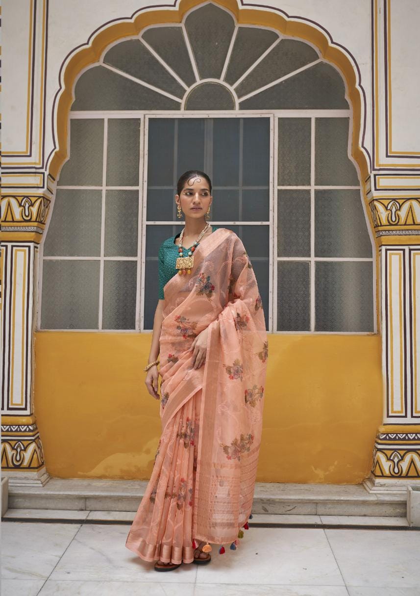 Apricot Orange Digital Printed Organza Silk Saree