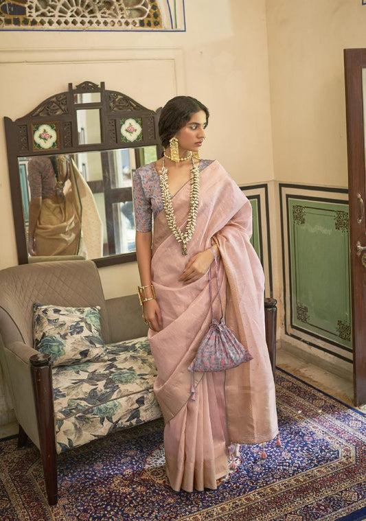 Pastel Mauve Soft Tissue Silk Saree With Kalamkari Blouse