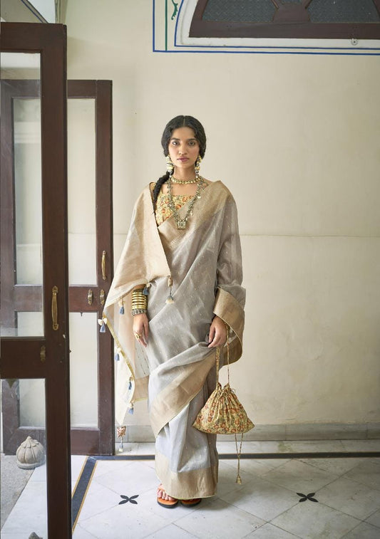 Smog Grey Soft Tissue Silk Saree With Kalamkari Blouse