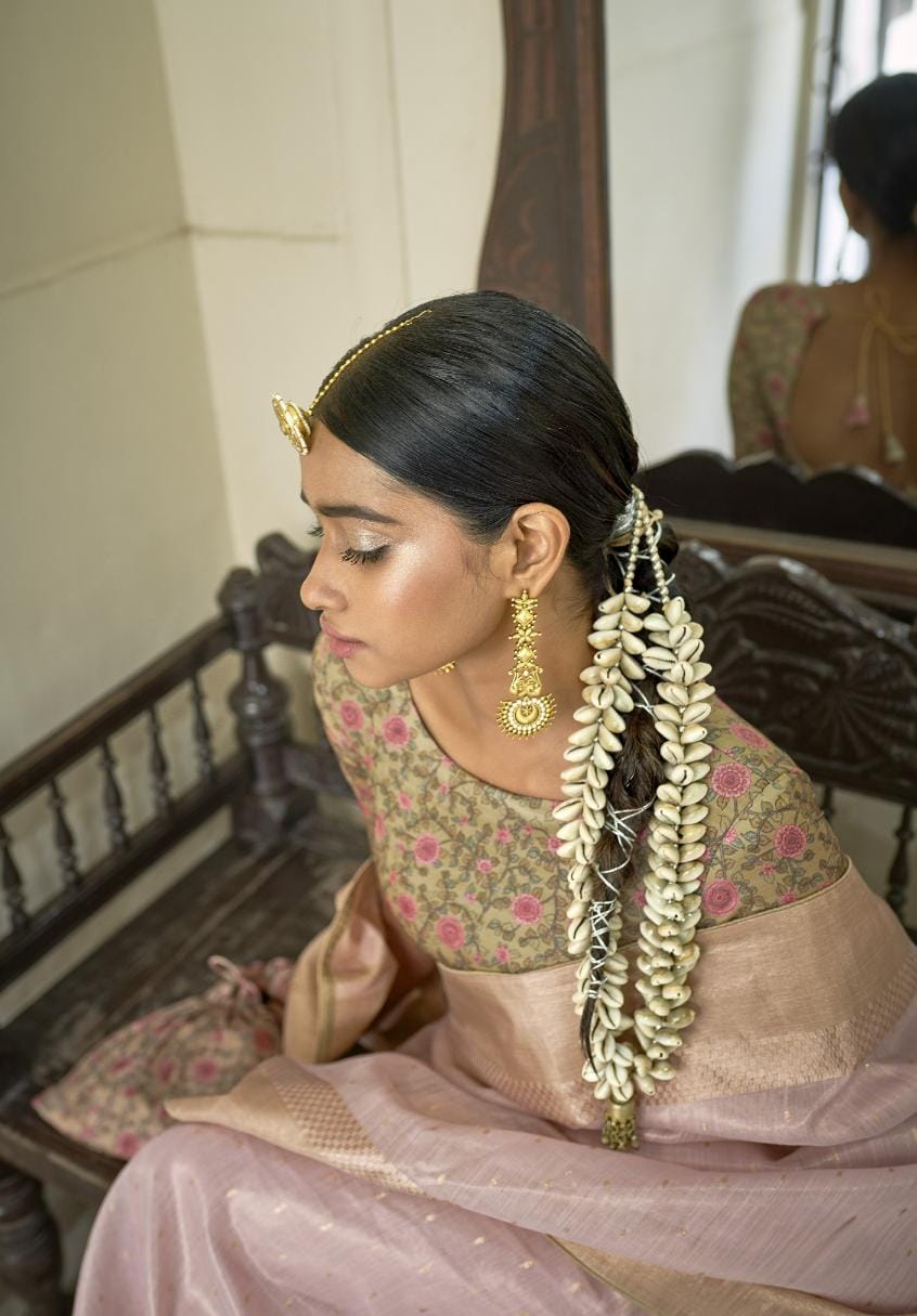 Dusky Pink Soft Tissue Silk Saree With Kalamkari Blouse