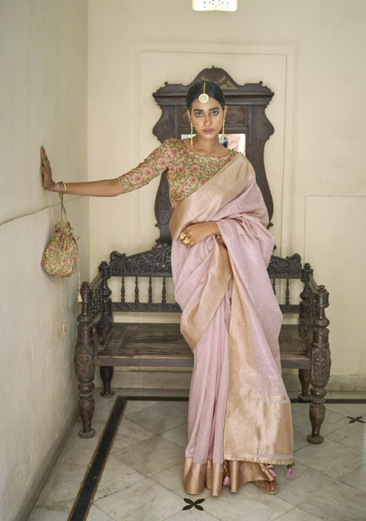 Dusky Pink Soft Tissue Silk Saree With Kalamkari Blouse