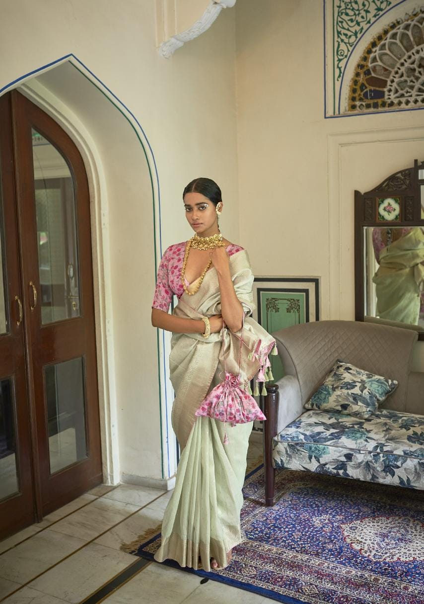 Pista Green Soft Tissue Silk Saree With Kalamkari Blouse