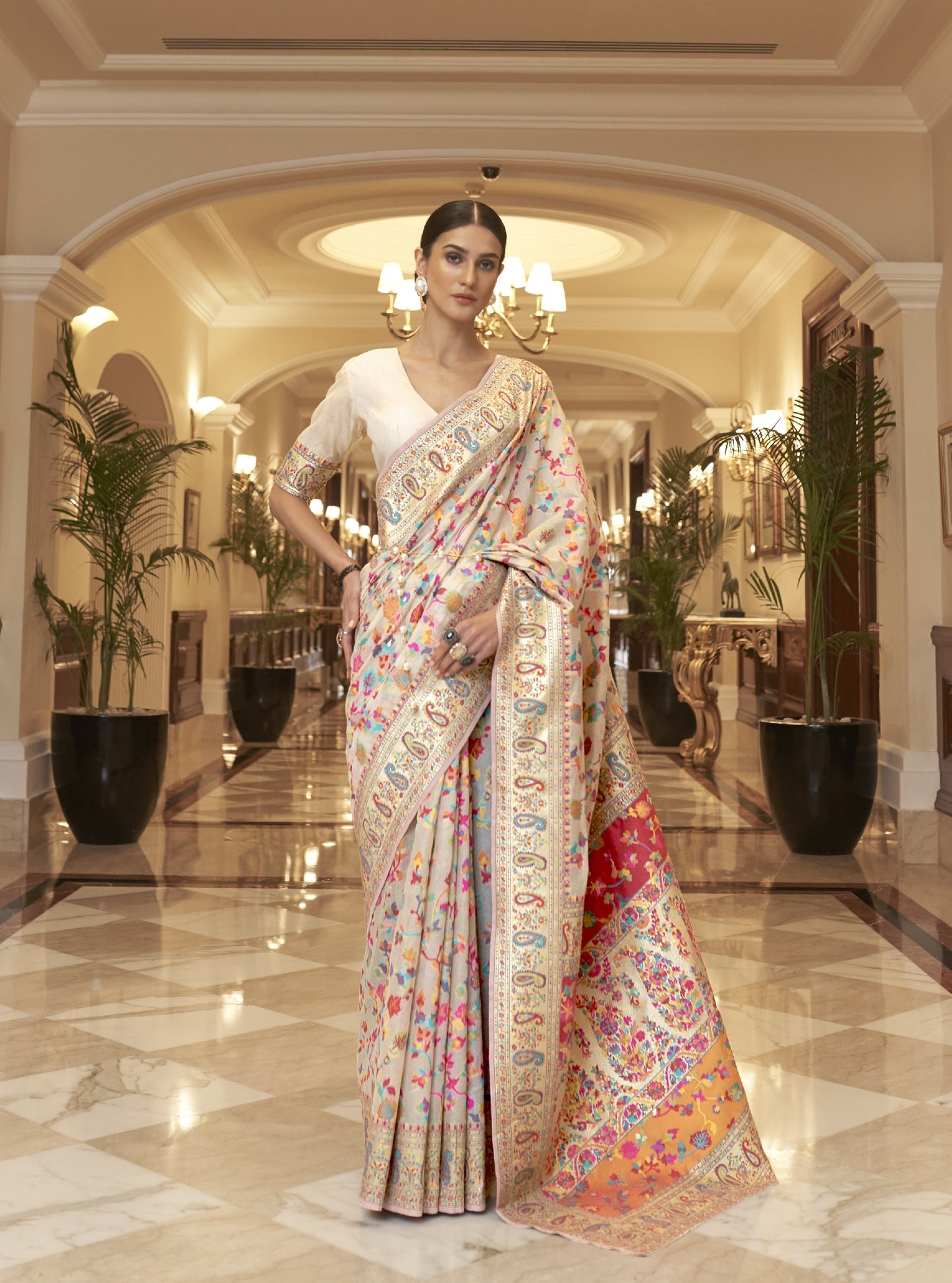 Ivory White Kashmiri Kani Jamewar Saree