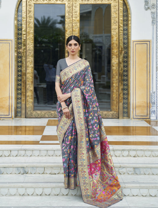 Slate Grey Kashmiri Kani Jamewar Saree